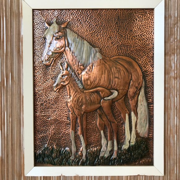 Horse w/ Foal Western Farm Embossed Copper Framed Picture Repousse 16x19 Signed - Picture 2 of 9